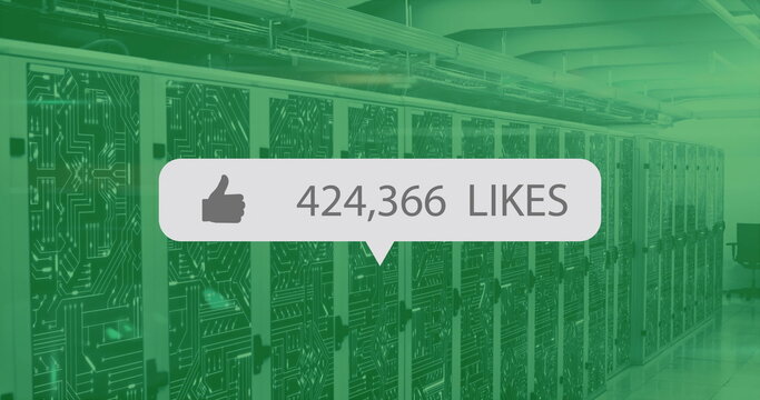 Image of likes text and digital data processing and 6g text over computer servers