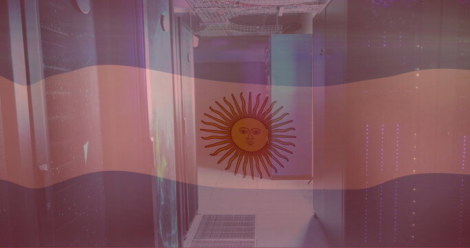 Image of flag of argentina and digital data processing over computer servers