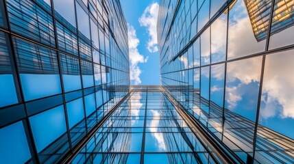 Obraz premium An upward view between glass skyscrapers, showcasing modern architecture and reflective buildings that beautifully mirror the sky. This scene captures the essence of an urban landscape, highlighting