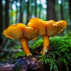 A couple of yellow mushrooms sitting on top of a moss covered log