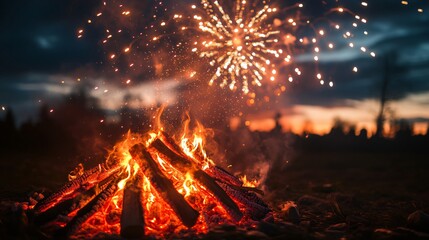 Large bonfire burning under a fireworks display at dusk