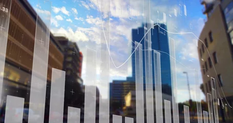 Financial bar chart and line graph image over cityscape with skyscrapers