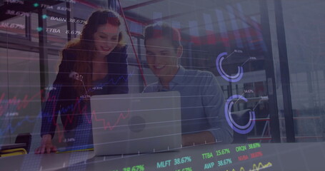 Image of financial data processing over diverse business people using laptop