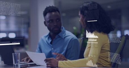 Image of data processing and diagrams over diverse colleagues discussing work