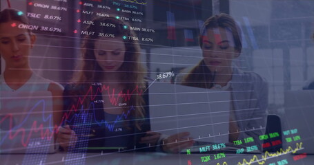 Image of financial data processing over diverse business people using laptop