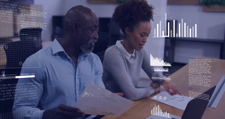 Image of data processing and diagrams over diverse colleagues discussing work