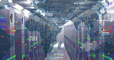 Image of data processing and world map over computer servers