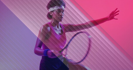 Image of flag of france over african american female tennis player with tennis racket