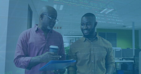 Image of financial data processing over diverse business people in office