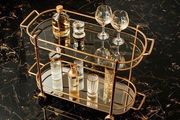 Elegant cocktail cart with glassware and spirits displayed on a marble surface