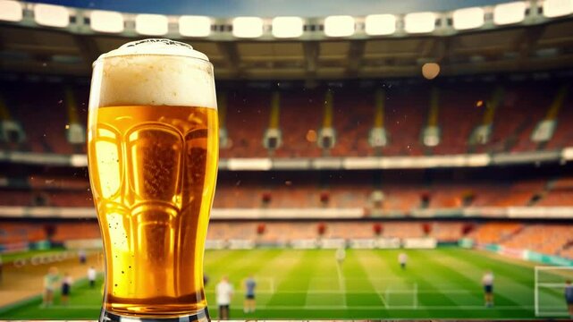 A vibrant scene depicting a frothy beer in a stadium, highlighting the excitement of a sports event and social atmosphere