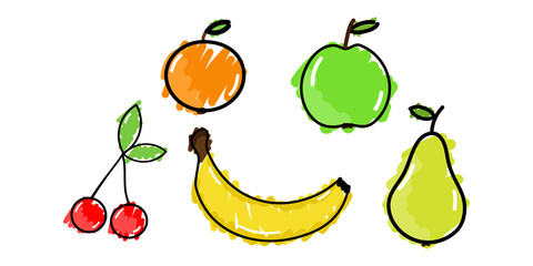 Set of hand drawn fruits. Raster illustration. Orange, apple, cherry, banana, pear. Design for symbol, background, wallpaper.