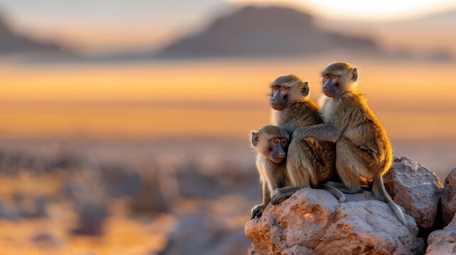 Chacma baboons grooming each other in the African savanna.