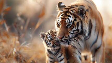 A playful tiger cub pounces on its mother's tail.