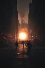 A powerful portrayal of an explosion in the distance illuminating a darkened city skyline, with shadows of people fleeing the chaos, encapsulating the fear of impending doom