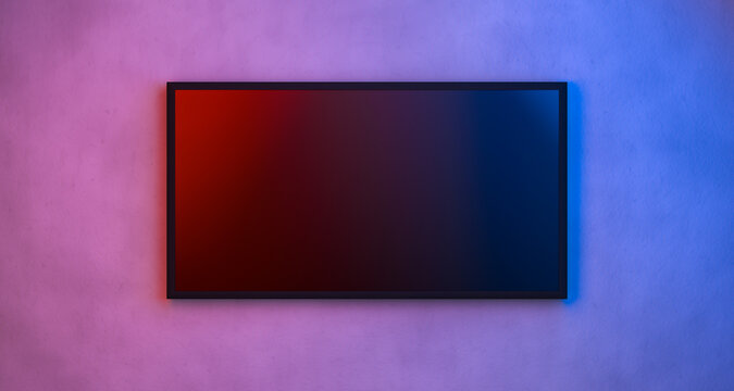 3D Rendering, Realistic empty LCD Television mock up on the house wall , pink and blue neon lighting, futuristic style.