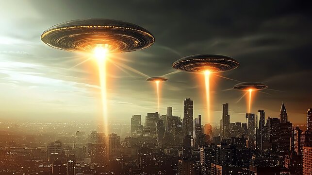 A dramatic view of an alien invasion unfolding over a city