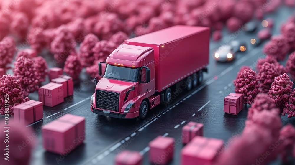 Wall mural red truck delivering packages in a miniature world