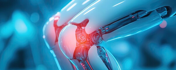 Close-up of a futuristic knee joint with glowing elements, showcasing advanced technology in biomechanics and medical innovation.
