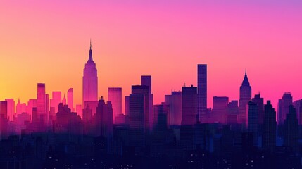 Naklejka premium City Skyline at Dusk with Vibrant Pink and Purple Gradient Sky