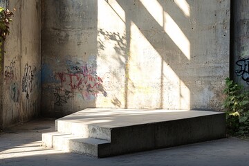 Concrete steps with a grunge wall in the background, light cast from a window.