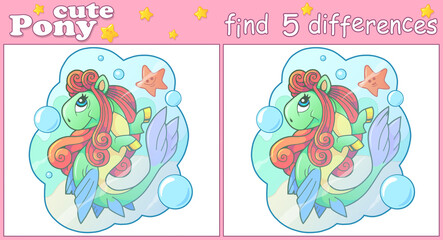 Cute pony mermaid illustration find five differences