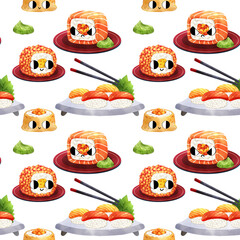 Ikura maki roll, salmon maki roll, and large inari sushi, looking delicious,  cartoon character hand-drawn watercolor seamless pattern