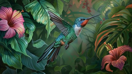A vibrant hummingbird hovering near a flower in a lush garden.