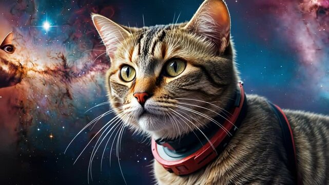 A whimsical cat portrait set against a vibrant cosmic background, blending playful imagery with science fiction elements