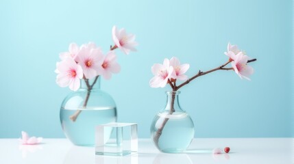 Clear Glass Vase With Delicate Pink Cherry Blossoms on a Light Blue Background. With Transparent Crystal Beside The Vase
