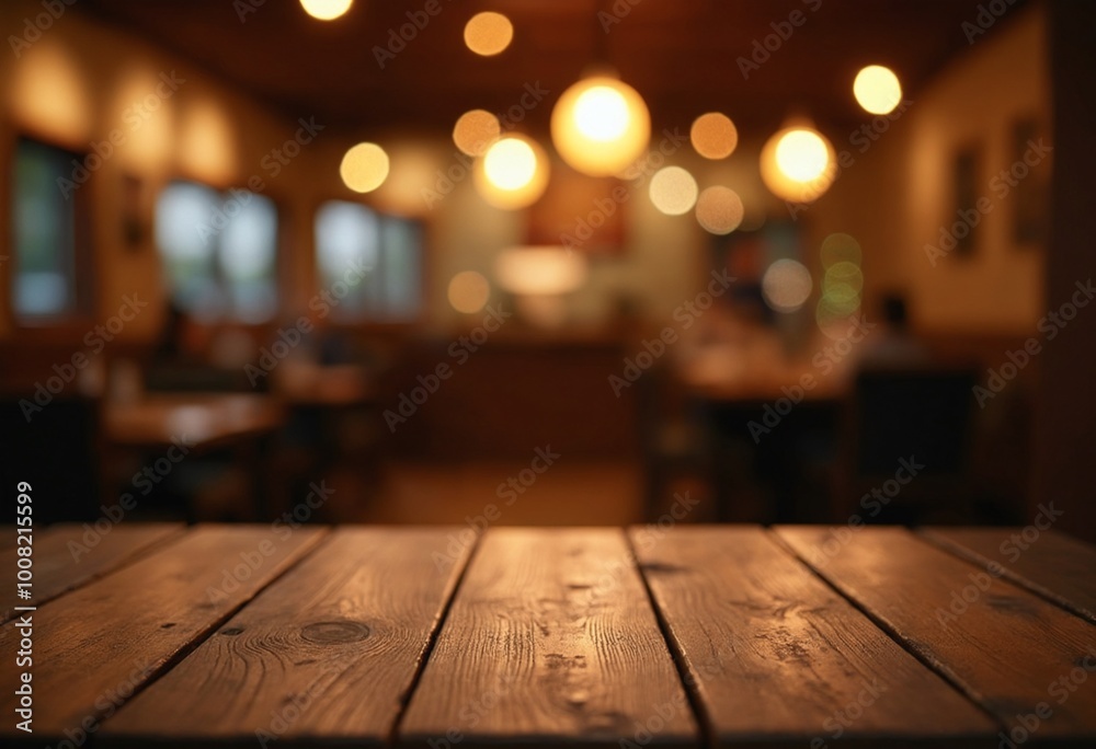 Poster cozy empty wooden table with festive bokeh lights on blurred restaurant background