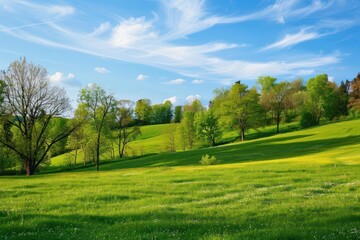 Fototapeta premium Lush green meadow with trees and blue sky featuring scattered clouds. Nature and springtime tranquility concept.