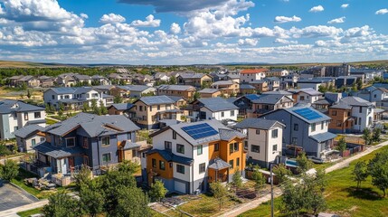 Obraz premium Brand new homes with solar panels on their roofs, basking in the sunshine.