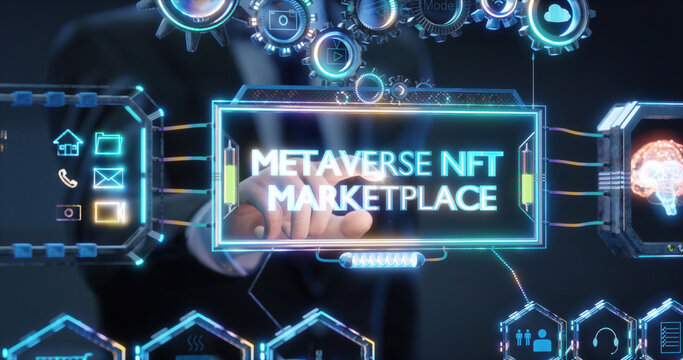 Businessman is touching a metaverse nft marketplace sign on a futuristic virtual screen