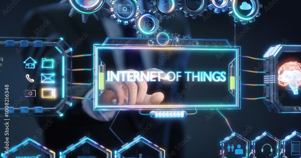 Poster businessman pointing at internet of things system with hud elements in 3d rendering