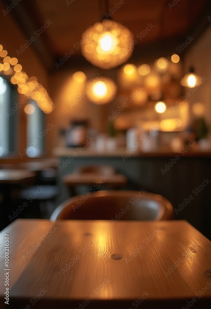 Poster cozy empty wooden table with festive bokeh lights on blurred restaurant background