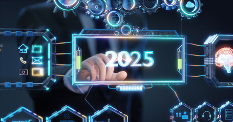 Businessman selecting 2025 in futuristic interface
