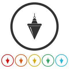Plumb bob icon. Plummet icon. Set icons in color circle buttons