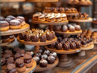 Chocolate pastry cakes and cookies in bakery.  - ai