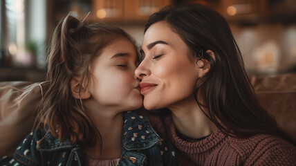 A heartwarming moment between a grandmother and granddaughter, captured in a tender kiss. This intimate and emotional image beautifully conveys the love, warmth and bond shared across generations,