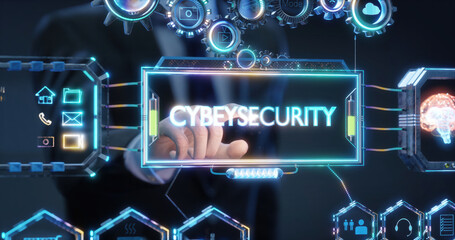 Businessman using a transparent screen to access cybersecurity features in a futuristic 3d rendering