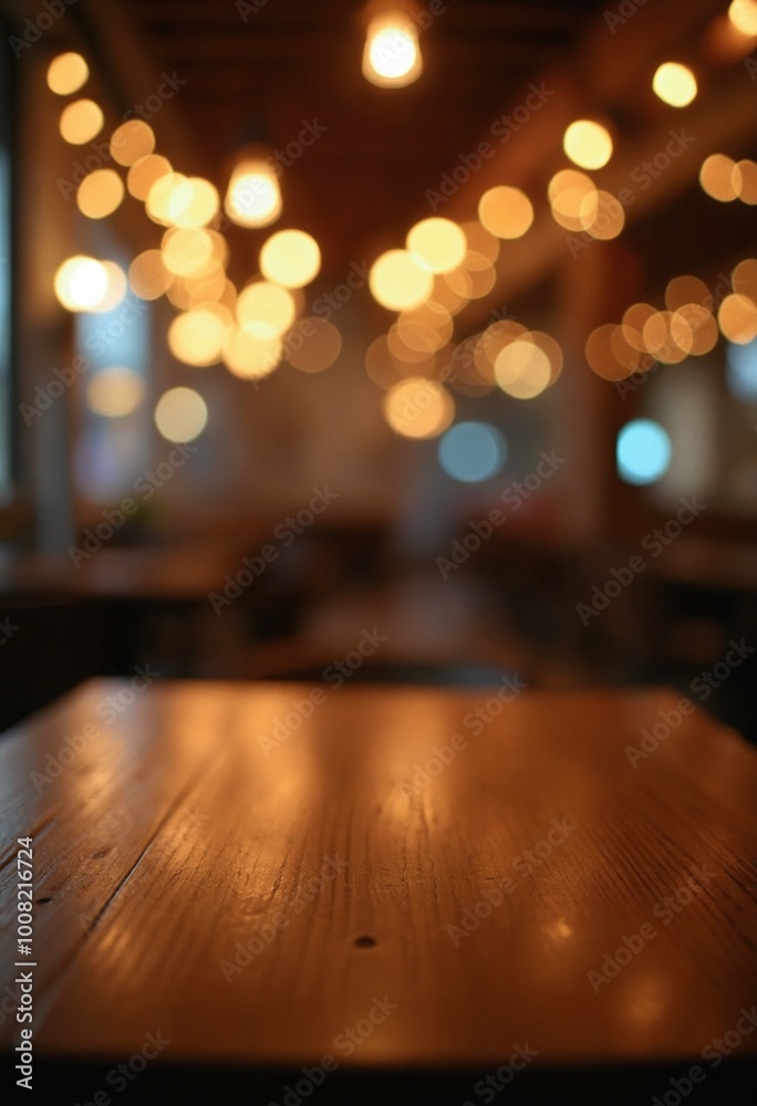 Poster cozy empty wooden table with festive bokeh lights on blurred restaurant background