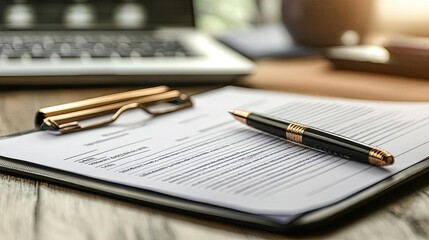 A workspace scene featuring a pen, glasses, and a document on a wooden desk, perfect for office or business themes.