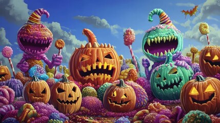 A whimsical Halloween scene featuring vibrant, playful monsters and carved pumpkins under a colorful sky.