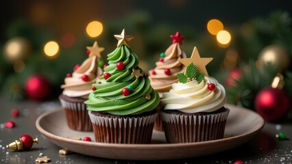 Festively decorated Christmas cupcakes with green and brown frosting, placed on a wooden plate surrounded by holiday ornaments