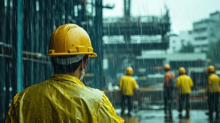 Construction workers wearing yellow hard hats are out in the heavy rain.