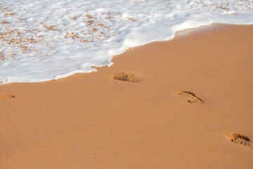 Deep human footprints on the bright sand on the seashore along the water edge on the seashore