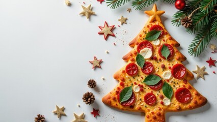 Festive pizza shaped like a Christmas tree with toppings displayed on a white background alongside decorative stars and pine branches