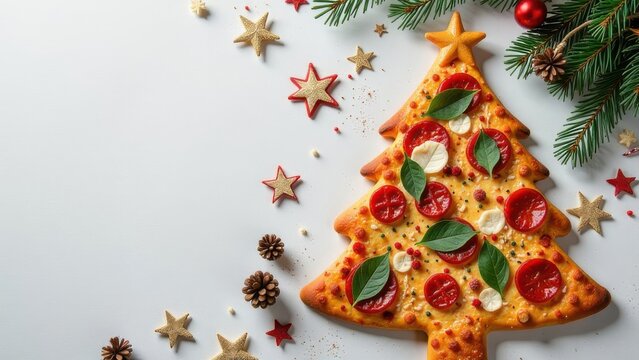 Festive pizza shaped like a Christmas tree with toppings displayed on a white background alongside decorative stars and pine branches