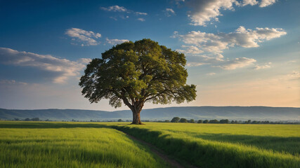 Fototapeta premium A majestic tree in a vast field under a vibrant blue sky with scattered white clouds on a sunny day.